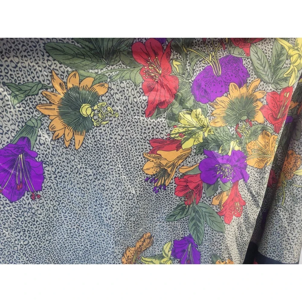 Vtg Style Leopard‎ and Floral Print Square Scarf Black trim 35x44